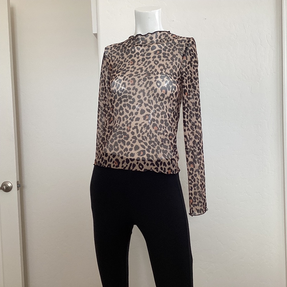 Zara, size Small, leopard print, long sleeves, sheer, form-fitting